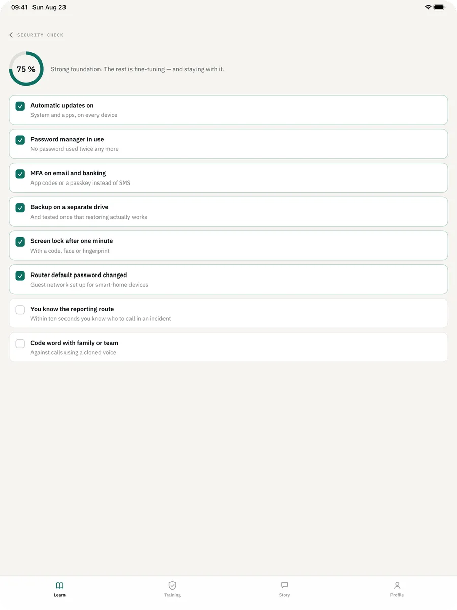 Cyber Security Awareness Fit on iPad — Security check: Eight points that actually matter, and what is still missing.