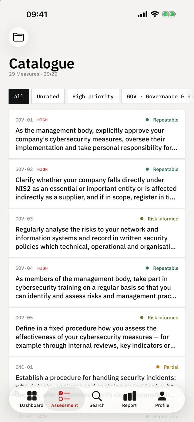 NIS2 Readiness Audit on iPhone — Assessment: All 29 checkpoints with priority and your current rating.
