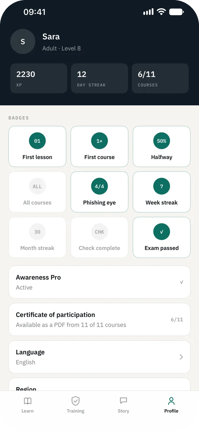 Cyber Security Awareness Fit on iPhone — Profile: Your progress stays with you. No account, no server, no tracking.