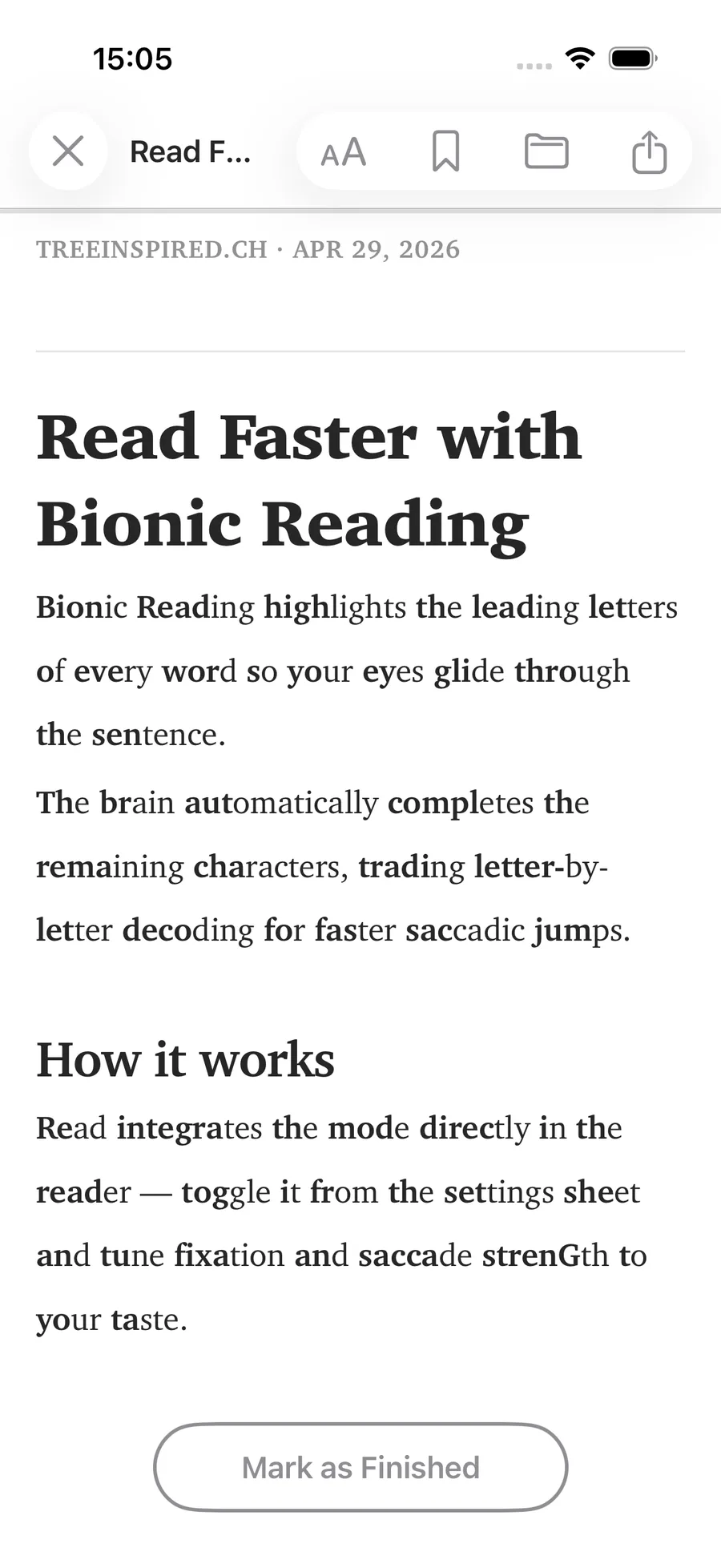Read with Bionic Reading active on iPhone