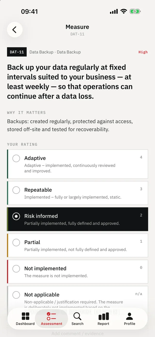 KMU Cyber-Audit on iPhone — Requirement: The requirement in full, then maturity 0–4.