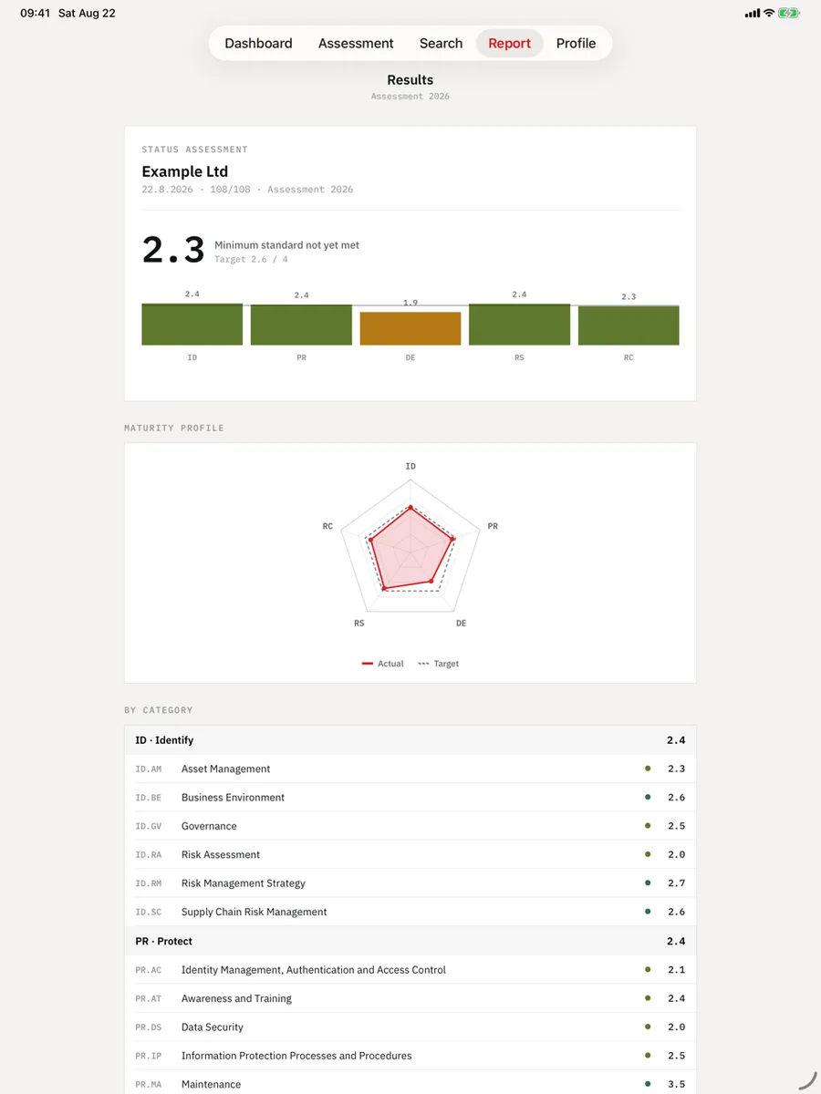 IKT-Minimalstandard on iPad — Result, radar profile, gap analysis — and the PDF.