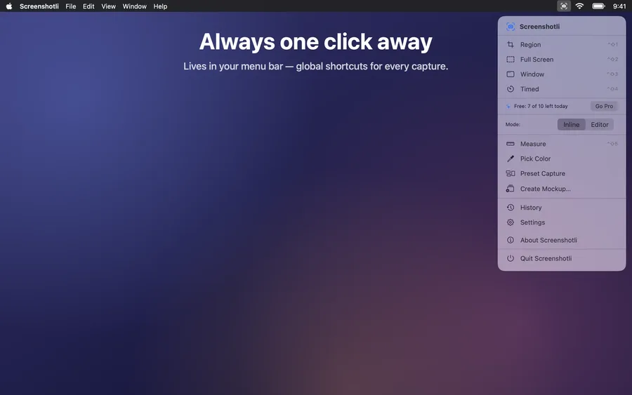 Everything one click away in the menu bar.