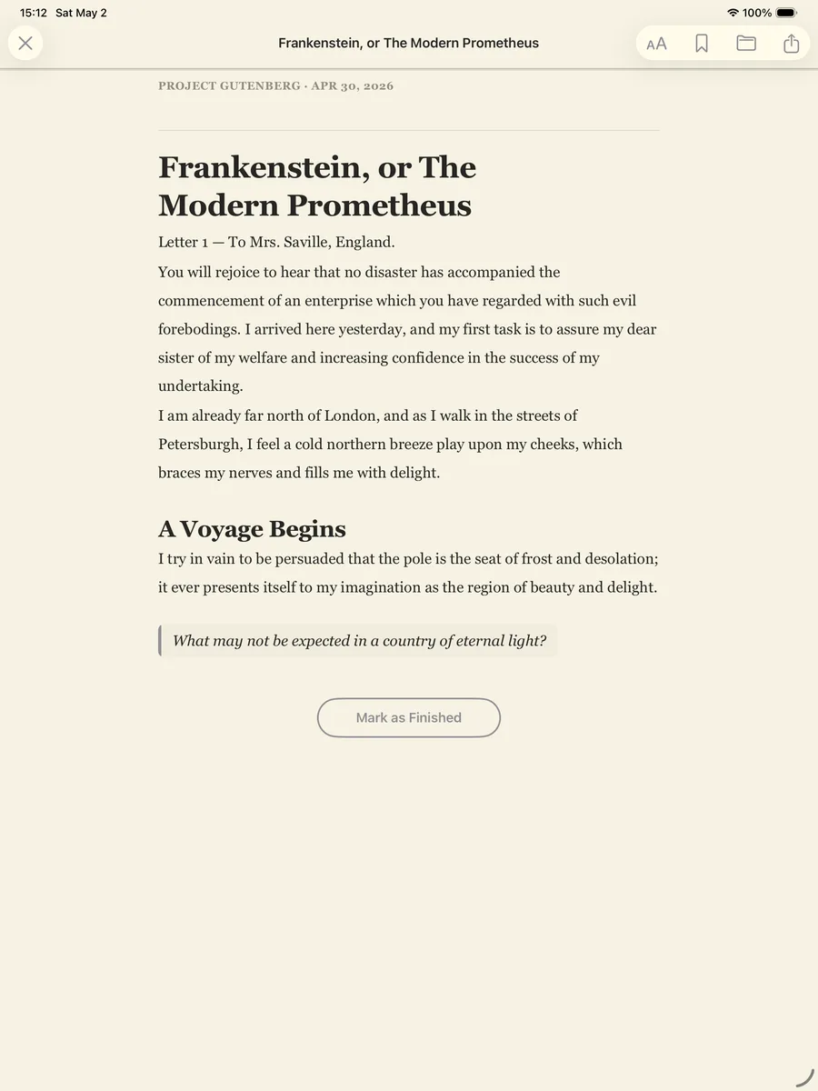 Read article reader on iPad — sepia theme