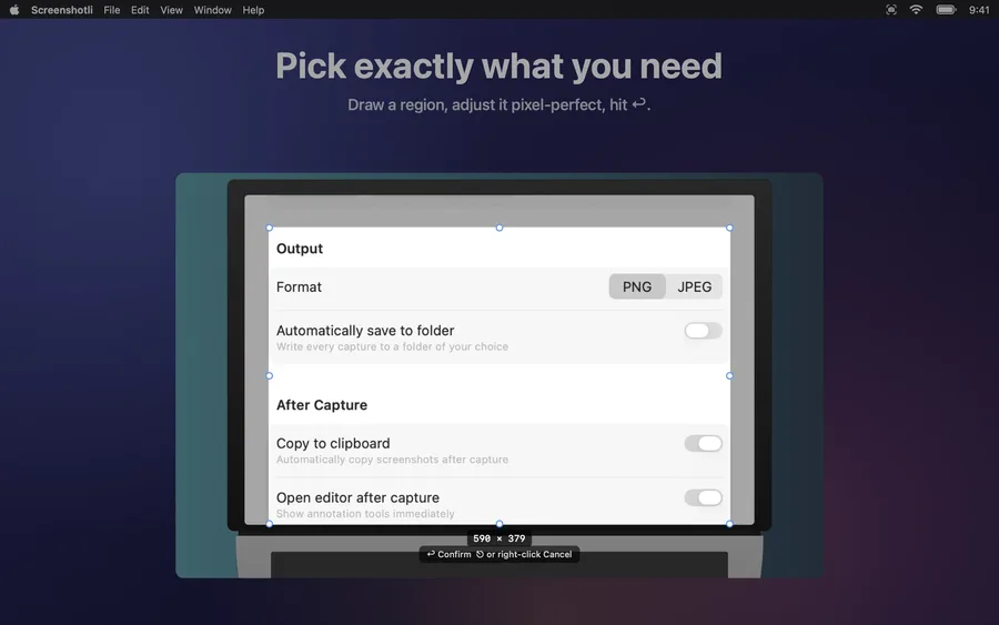 Capture any region with live pixel dimensions.
