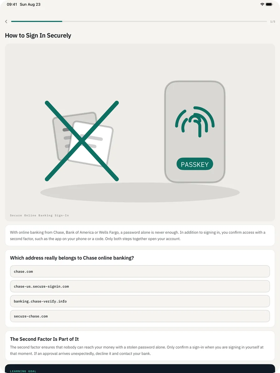 Cyber Security Awareness Fit on iPad — Lesson: Read it, then put it to use: every lesson ends with an exercise.