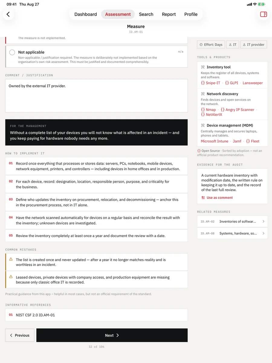 Cyber Maturity Audit on iPad — Guidance: Steps, common mistakes, effort, and the audit evidence.