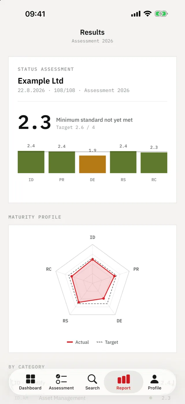 IKT-Minimalstandard on iPhone — Result, radar profile, gap analysis — and the PDF.