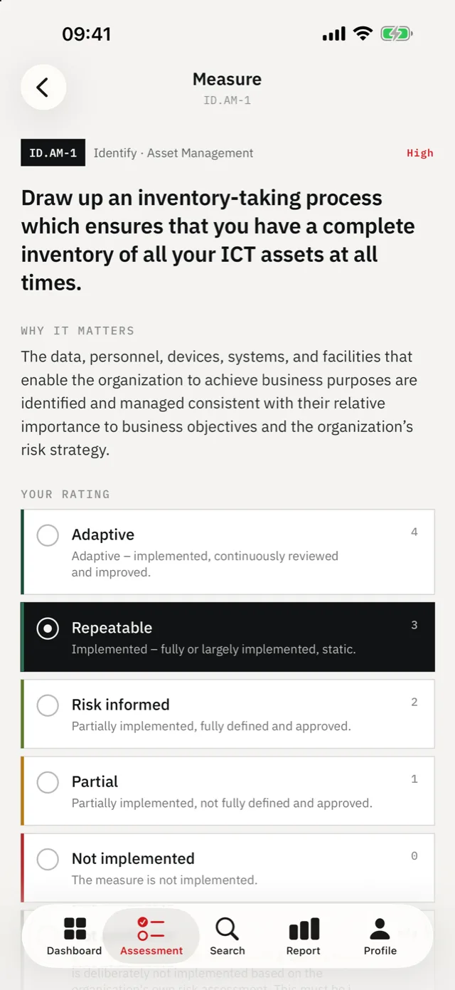 IKT-Minimalstandard on iPhone — Official wording, then maturity 0–4 — as in the Excel tool.