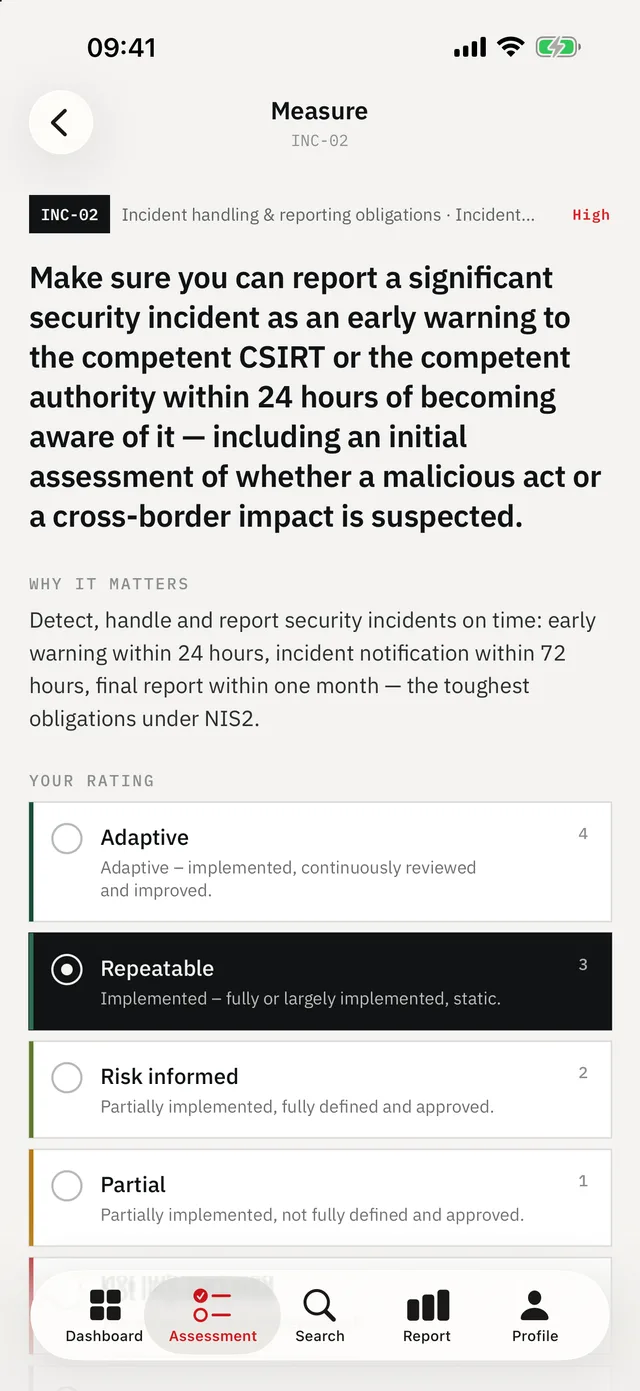 NIS2 Readiness Audit on iPhone — Checkpoint: The duty with its article and paragraph, then maturity 0–4.