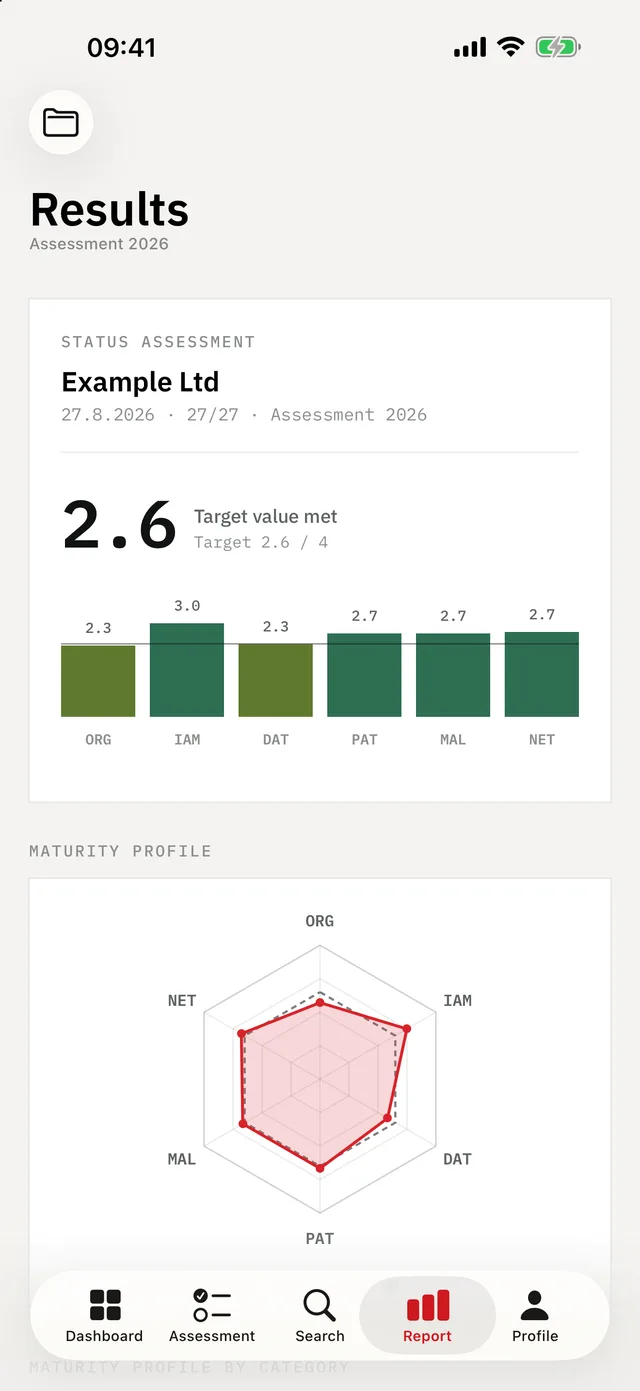 KMU Cyber-Audit on iPhone — Report: Result, radar profile, gap analysis — and the PDF.