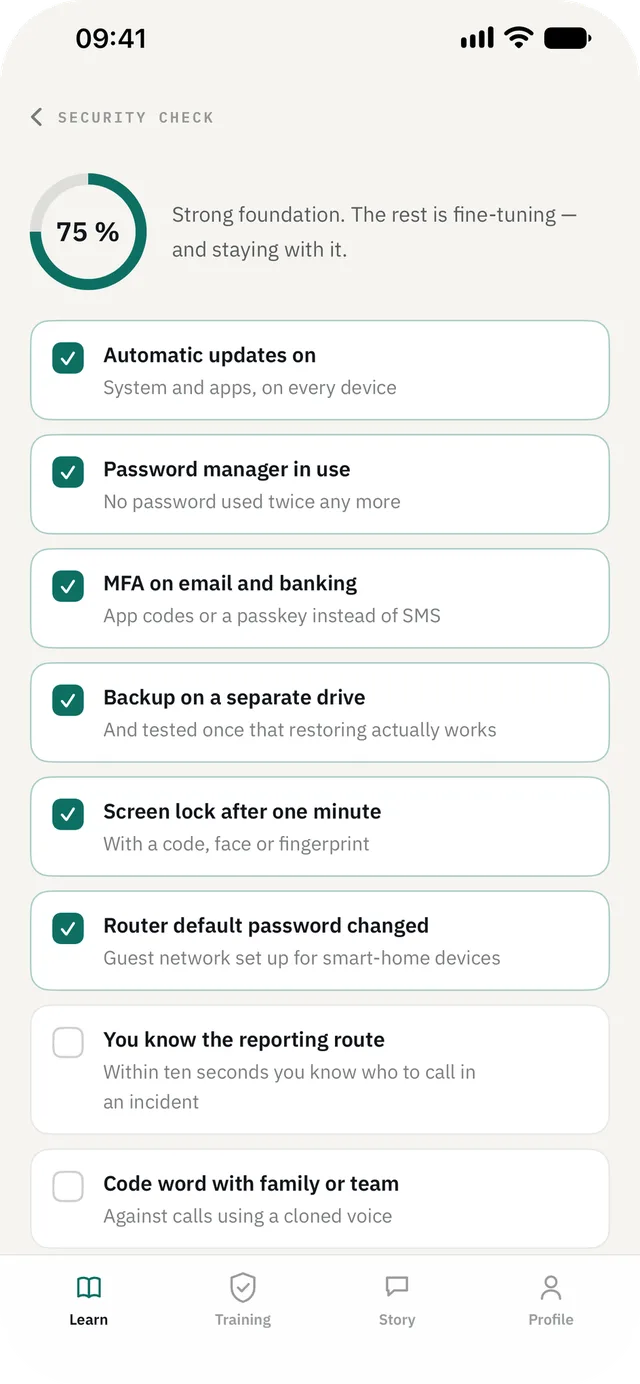 Cyber Security Awareness Fit on iPhone — Security check: Eight points that actually matter, and what is still missing.