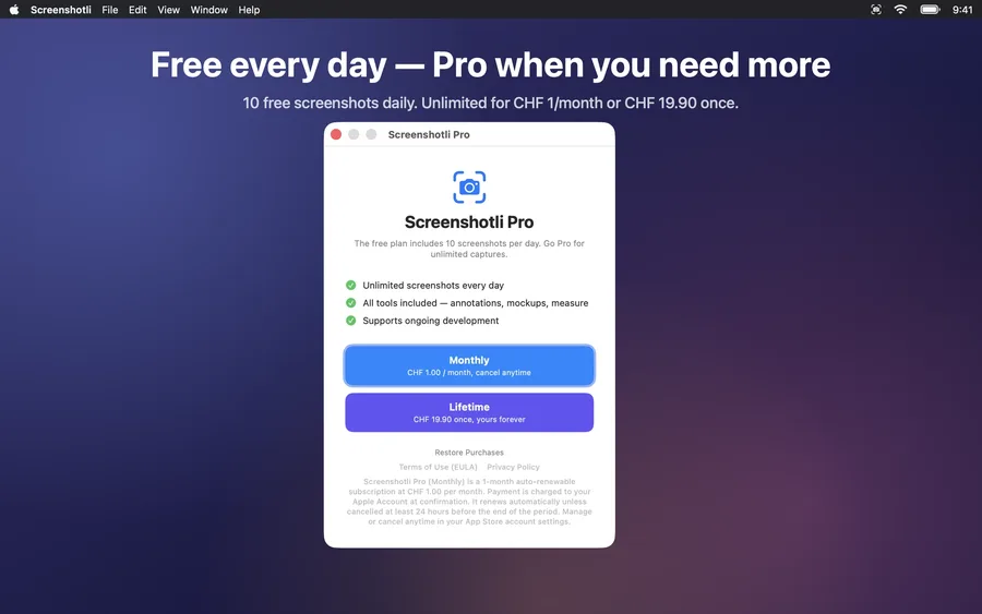 Screenshotli Pro: unlimited captures.