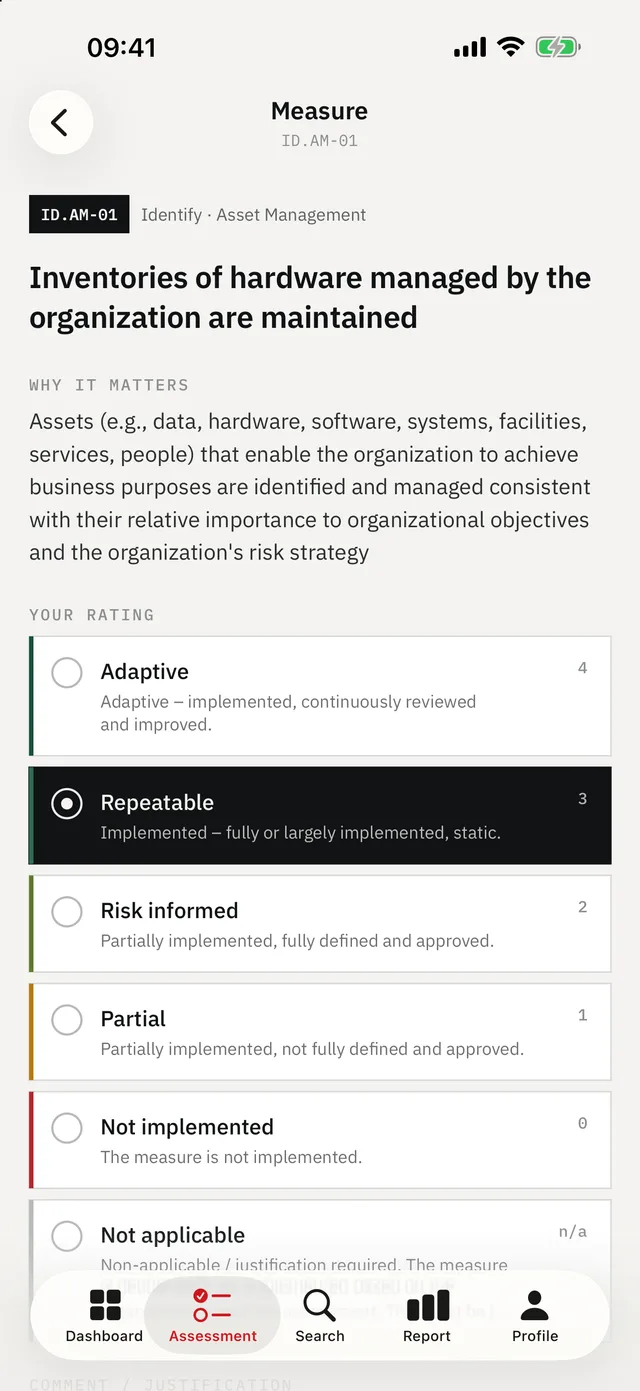 Cyber Maturity Audit on iPhone — Subcategory: The NIST CSF 2.0 wording, then maturity 0–4.