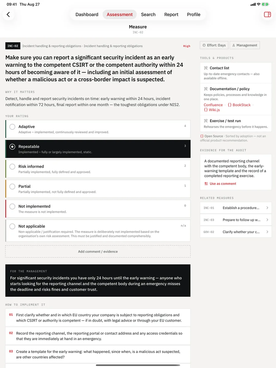 NIS2 Readiness Audit on iPad — Checkpoint: The duty with its article and paragraph, then maturity 0–4.
