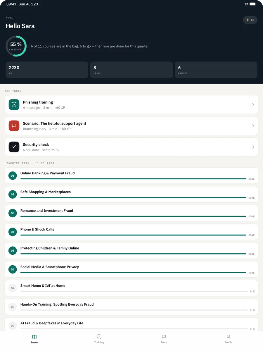 Cyber Security Awareness Fit on iPad — Learning path: Your courses in order, tailored to the age group you chose.