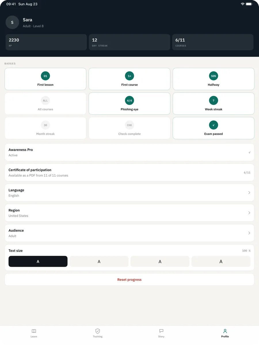 Cyber Security Awareness Fit on iPad — Profile: Your progress stays with you. No account, no server, no tracking.