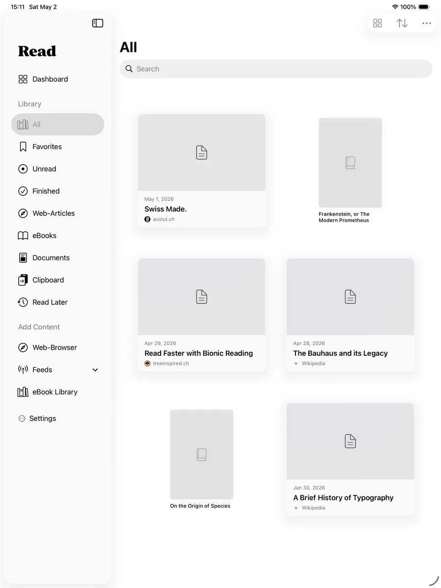 Read library on iPad — sidebar layout with article cards