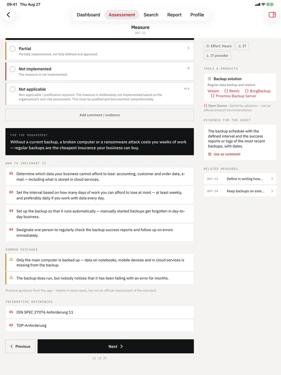 KMU Cyber-Audit on iPad — Guidance: Steps, common mistakes, effort, and the audit evidence.