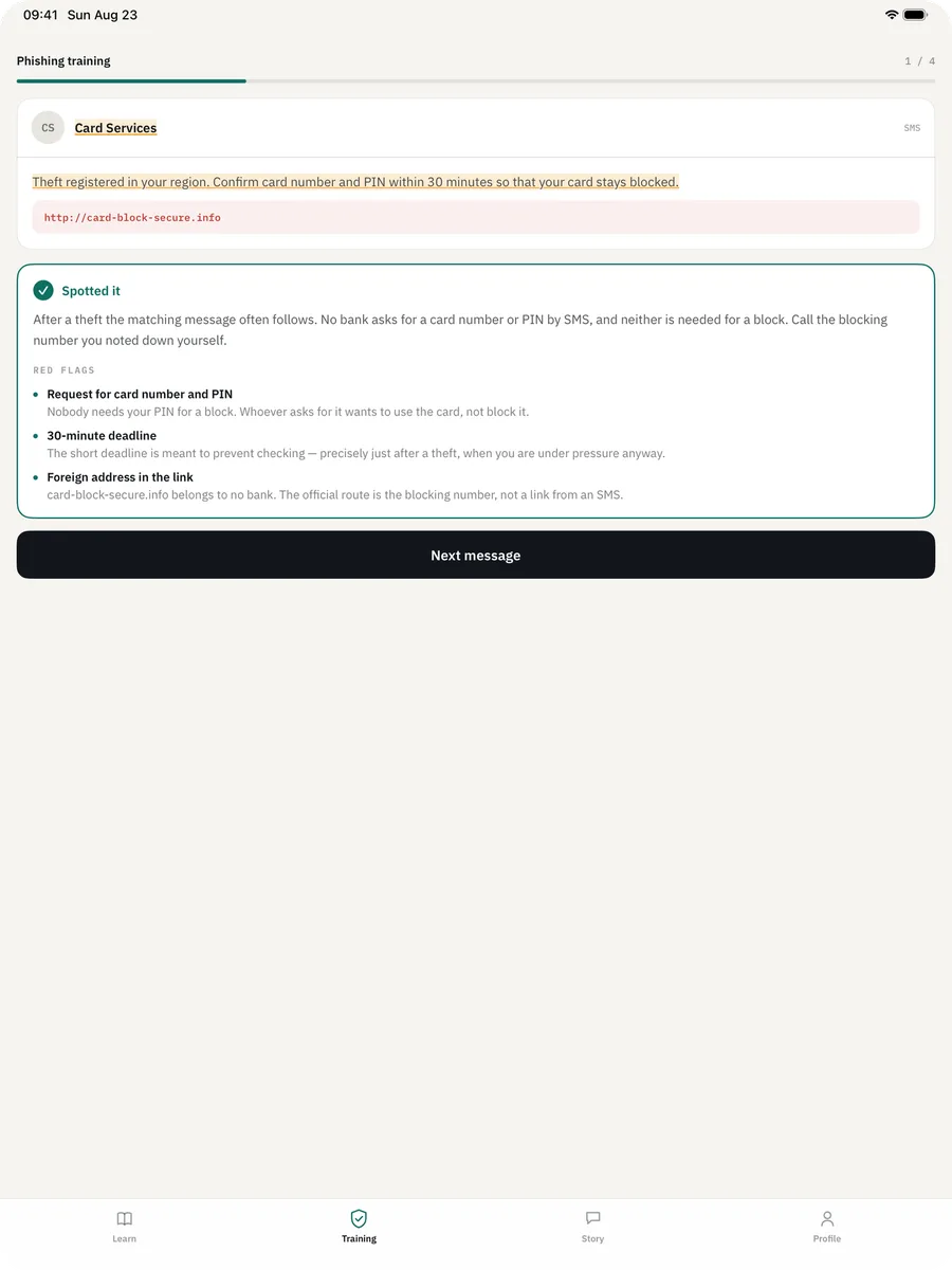 Cyber Security Awareness Fit on iPad — Phishing training: After your answer the app marks the red flags in the text.