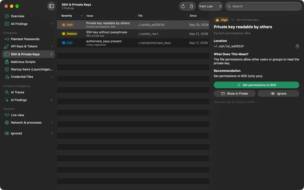 Finding detail: a private key readable by others in ~/.ssh, with explanation, recommendation and a one-click button to set permissions to 600