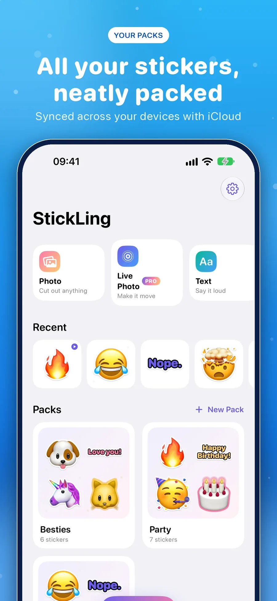 Packs with covers, synced through iCloud.