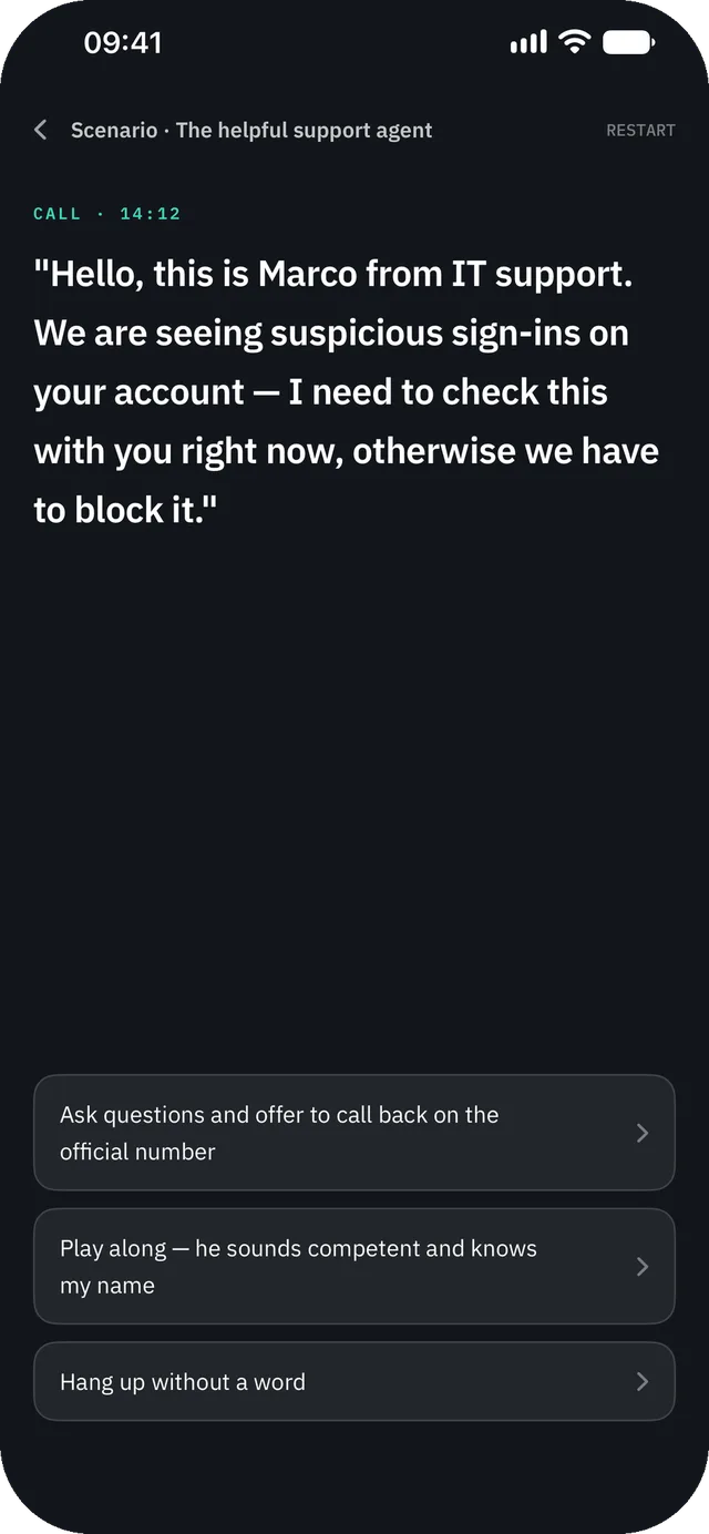 Cyber Security Awareness Fit on iPhone — Scenario: The call that sounds like support — branching, with consequences.