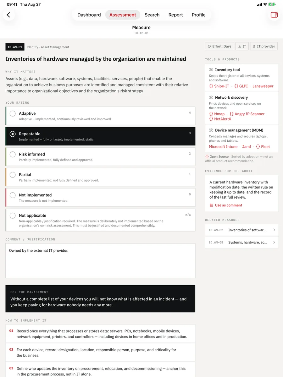 Cyber Maturity Audit on iPad — Subcategory: The NIST CSF 2.0 wording, then maturity 0–4.
