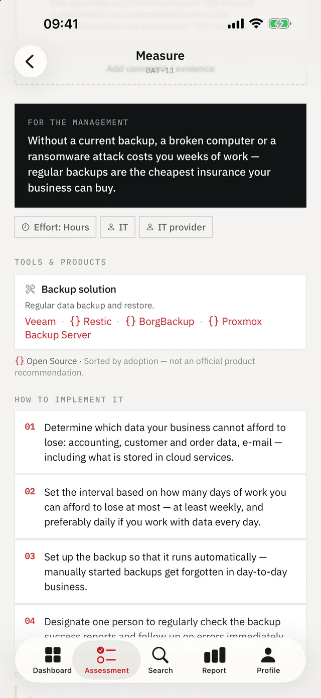 KMU Cyber-Audit on iPhone — Guidance: Steps, common mistakes, effort, and the audit evidence.