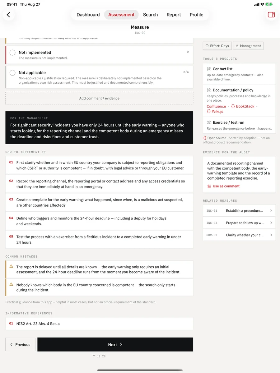 NIS2 Readiness Audit on iPad — Guidance: Steps, common mistakes, effort, and the audit evidence.