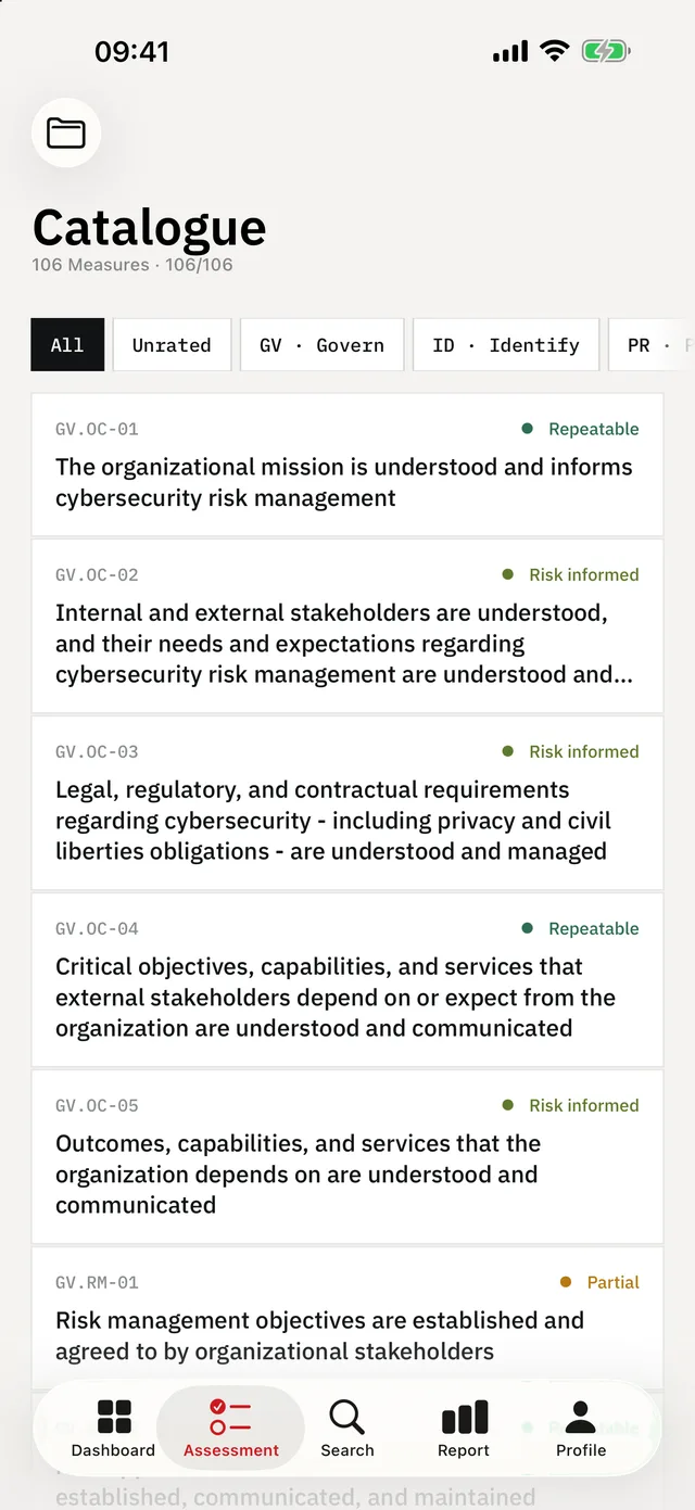 Cyber Maturity Audit on iPhone — Assessment: All 106 subcategories with priority and your current rating.