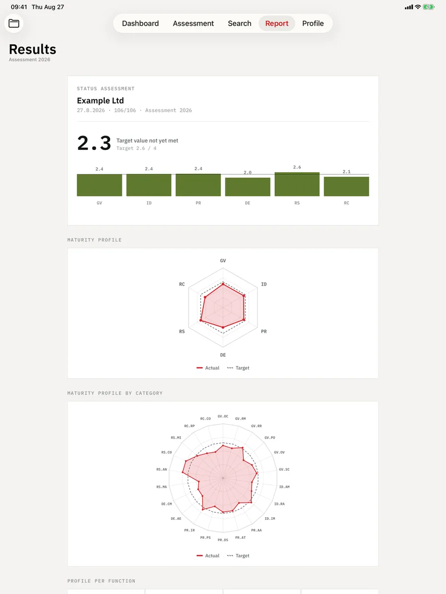 Cyber Maturity Audit on iPad — Report: Result, radar profile, gap analysis — and the PDF.