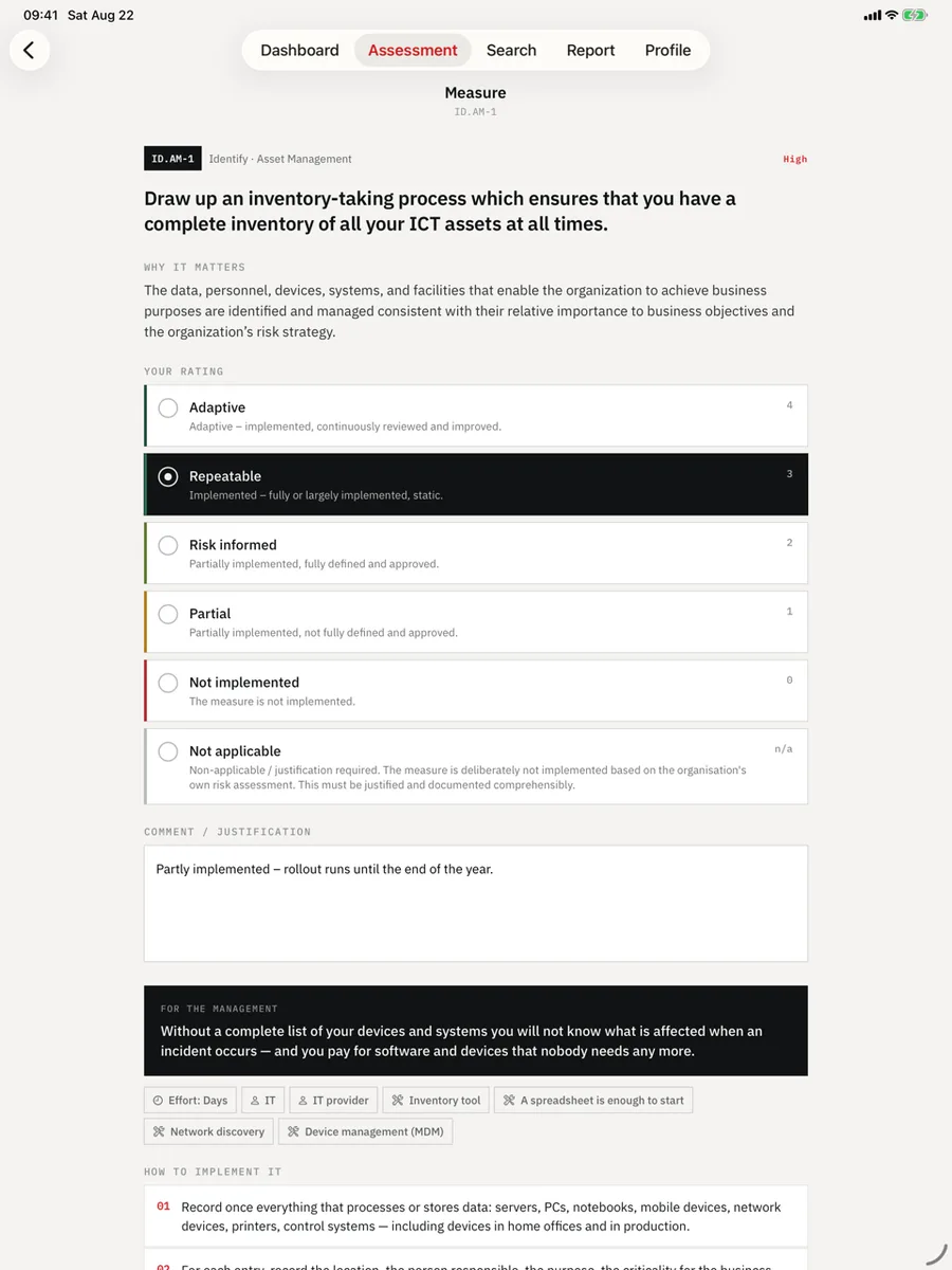 IKT-Minimalstandard on iPad — Official wording, then maturity 0–4 — as in the Excel tool.